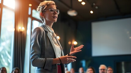 Confident businesswoman delivering a corporate presentation at a seminar or conference