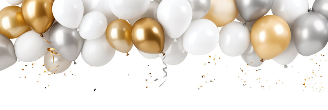 Fototapeta Silver white and gold balloons isolated on white banner