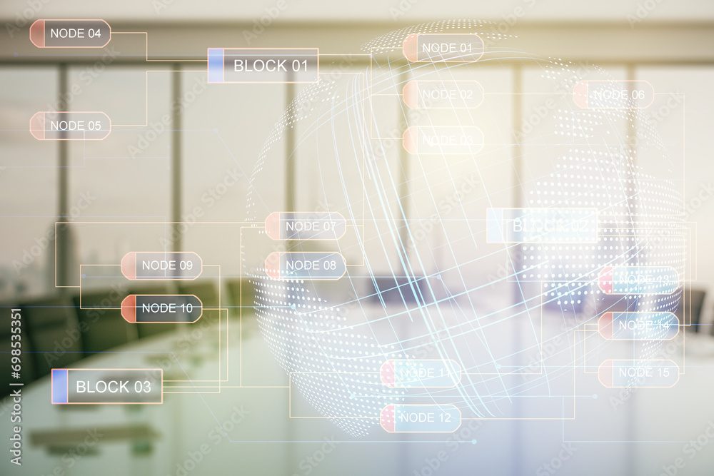 Poster Double exposure of abstract creative programming illustration and world map on a modern boardroom background, big data and blockchain concept