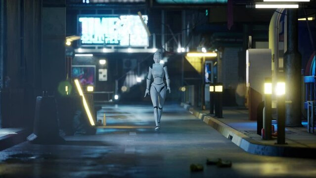 robot walking along a street in a big city. humanoid AI robot crossing street. 3d animation. future automation job.