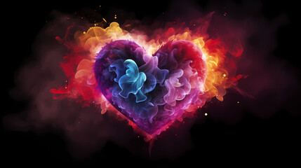 Colorful Valentine's Day hearts with fireworks and smoke in the background, Valentine's Day background - obrazy, fototapety, plakaty