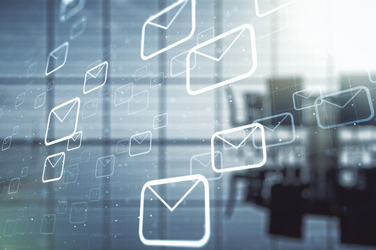 Abstract virtual postal envelopes illustration on a modern conference room background. Email and communications concept. Multiexposure