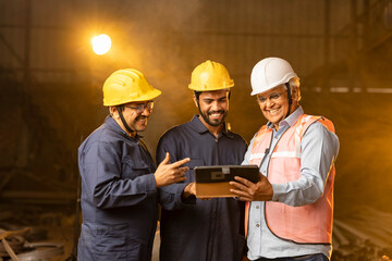 Mechanic with engineer using digital tablet and discussing at factory