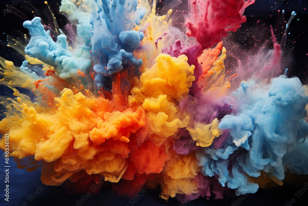 Poster an explosion of watercolors captured mid-air, freezing the chaotic beauty of pigments in motion, res