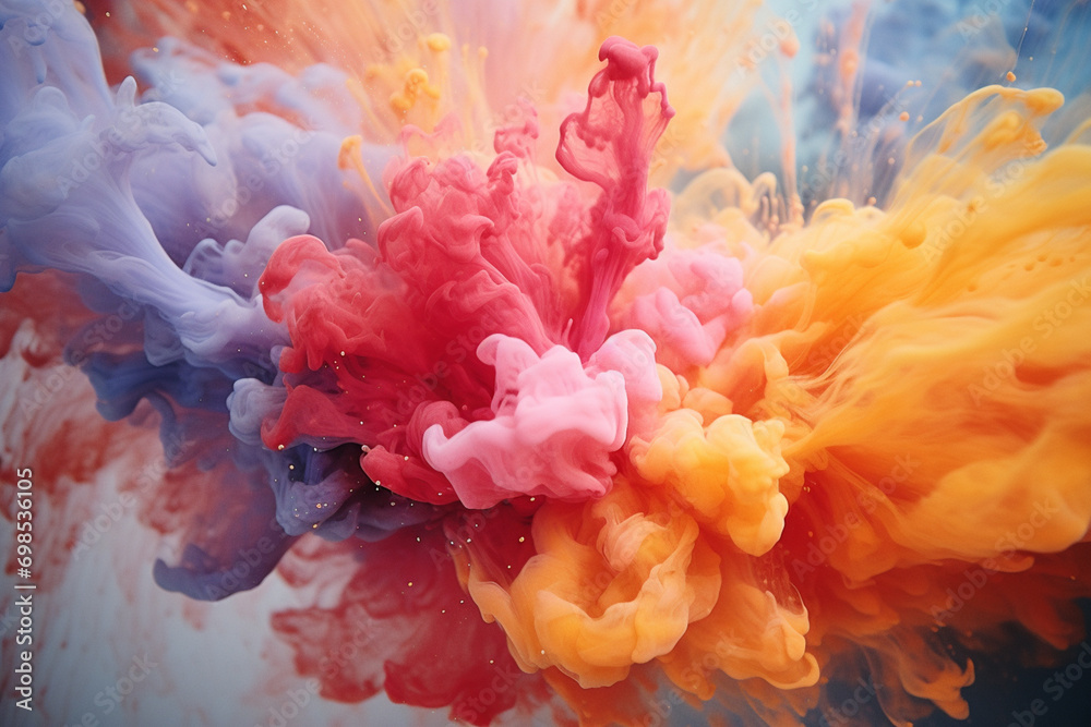 Poster an explosion of watercolors captured mid-air, freezing the chaotic beauty of pigments in motion, res