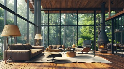 Mid-century loft home interior design of modern living room in house in forest.  - obrazy, fototapety, plakaty