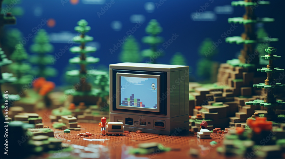Poster pixel photograph, resulting in a playful and nostalgic composition reminiscent of classic video game