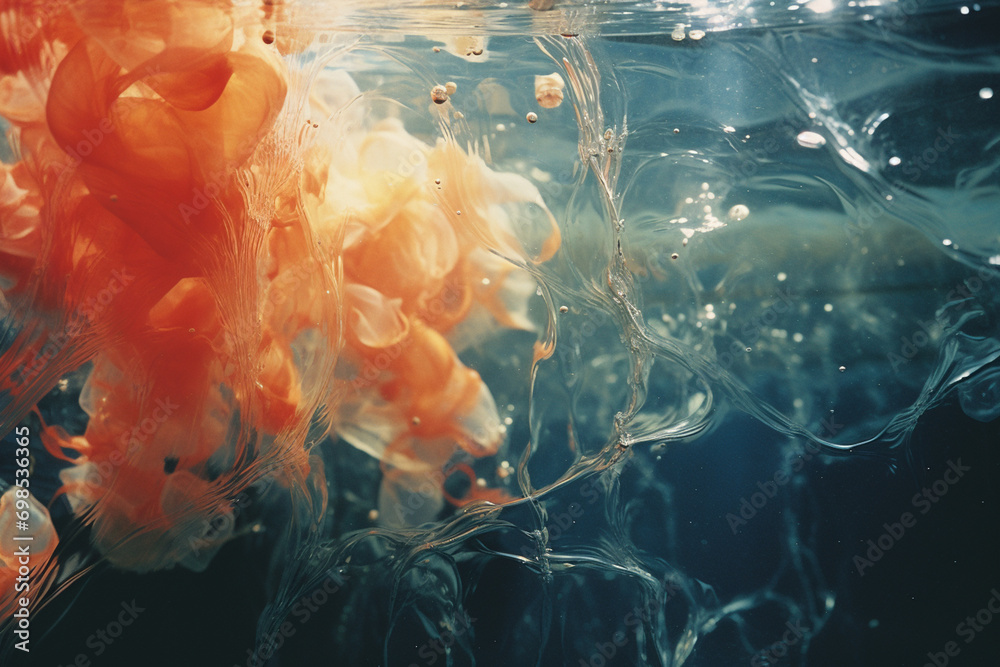 Poster experimental underwater photography capturing abstract forms and textures beneath the surface, turni