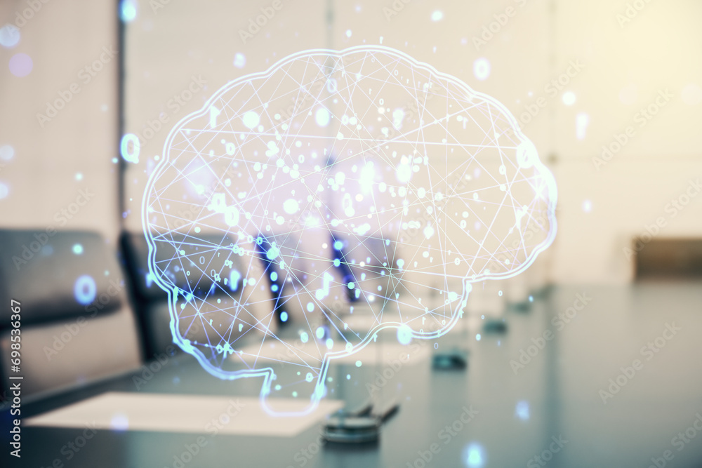 Wall mural double exposure of creative artificial intelligence interface on a modern meeting room background. n