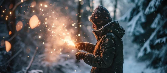Fotobehang Hooligan causing noise with firecrackers outdoors in winter. © AkuAku