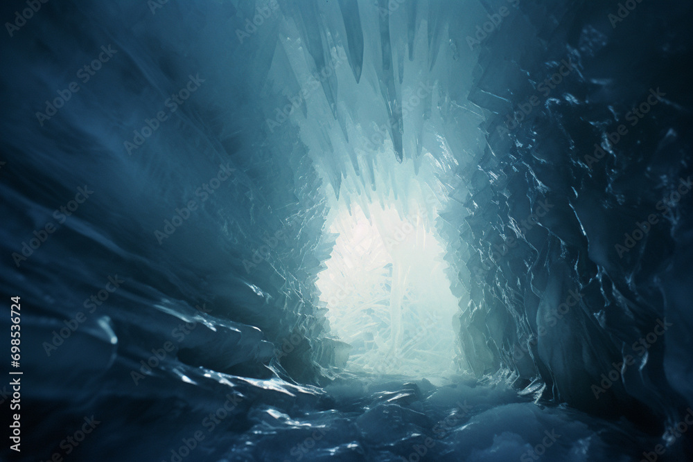 Poster Exploration of an ice cave, with intricate ice formations and the interplay of light, showcasing the hidden wonders beneath glaciers.