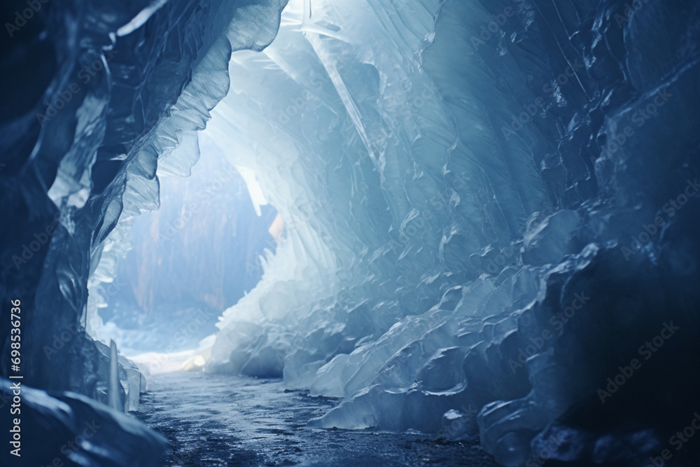 Poster exploration of an ice cave, with intricate ice formations and the interplay of light, showcasing the