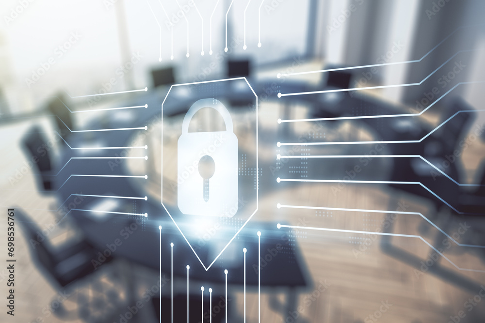 Poster double exposure of virtual creative lock hologram with chip on a modern meeting room background. inf