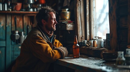 Fototapeta na wymiar Cozy portrait of a man in a rustic cabin, smiling warmly in a yellow coat, with a relaxed setting and kitchen items on a wooden counter.