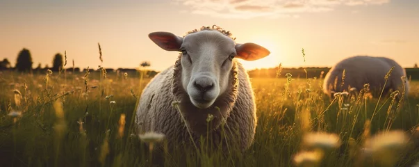 Tuinposter background of sheep in the pasture in the afternoon © nomesart