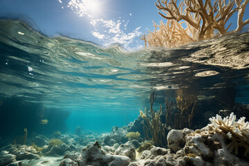 Underwater photograph highlighting coral bleaching, drawing attention to the environmental challenges faced by coral reefs. - obrazy, fototapety, plakaty