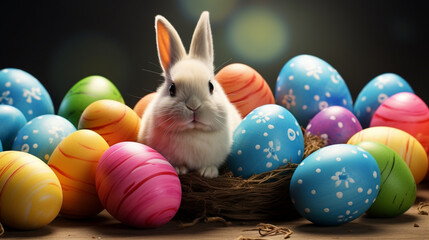 Fototapeta na wymiar bunnies and Easter eggs on a white background. Selective focus. Generative AI,