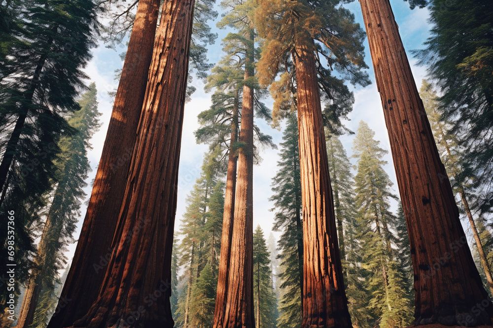 Poster photograph capturing the towering canopy of a giant sequoia forest, emphasizing the grandeur and anc