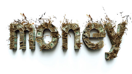 the word money made from bills, burning - obrazy, fototapety, plakaty