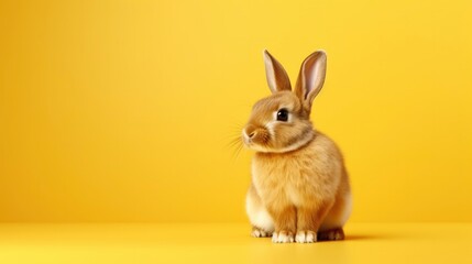 Small cute bunny sitting on isolated yellow background