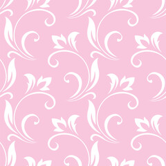 Vintage seamless plant delicate pattern of stylized stems, leaves, flowers and curls on pink background. Retro style. Vector backdrop, texture for victorian wallpapers, wrapping paper, fabric
