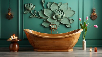 Wooden bathtub against a green wall with lotus flower decoration