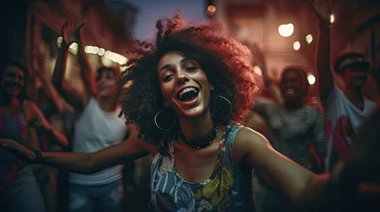 Foto op Plexiglas Portrait of cheerful young woman enjoying at music festival. A young woman is dancing at a concert having a good time at an open air venue in the night. © petrrgoskov