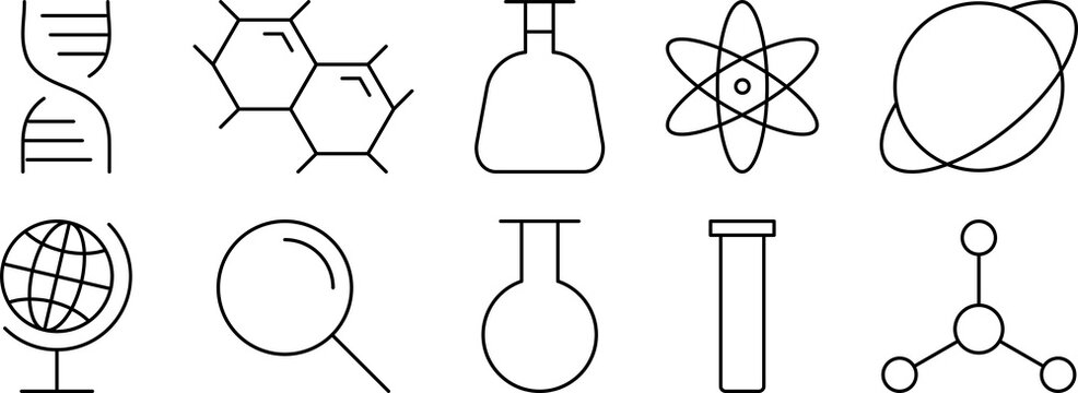 Set of chemistry and science line icons. Dna chain, atom, molecule, planeta, test tubes, lab flask, globe and magnifier symbols