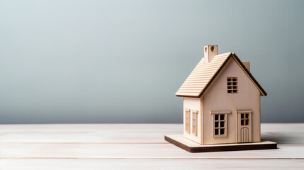 Obraz na płótnie Canvas Miniature wooden house with black tag on table