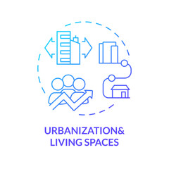 2D gradient urbanization and living spaces icon, creative isolated vector, thin line illustration representing environmental psychology.