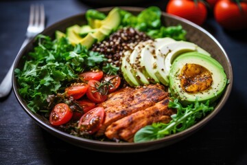 Buddha bowl with fresh vegetables and egg on wooden table, A close-up image of a healthy, protein-rich meal, AI Generated
