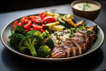 Grilled duck breast with rice, broccoli, tomato and cucumber salad, A close-up image of a healthy, protein-rich meal, AI Generated