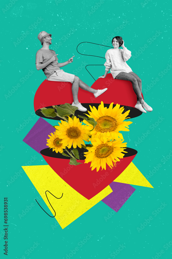 Sticker Pinup pop artwork collage template of couple dating guy make sympathy for girls give surprise heart shape surprise gift