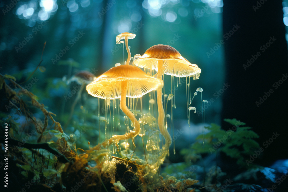 Poster an abstract composition featuring a luminous mushroom, resembling a glowing musical note in the symp
