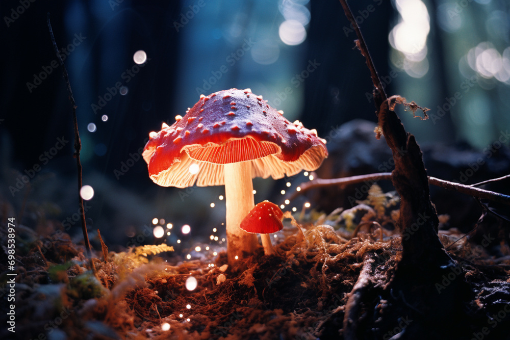 Poster a photograph capturing the enchanting luminosity of a radiant mushroom, creating a magical ambiance 
