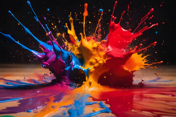 Different colors of red, blue, yellow paints hit the ground creating a vivid kaleidoscope of colorful and vibrant splashes and splatter. Concept - unleash creativity and artistic side. Closeup. - obrazy, fototapety, plakaty