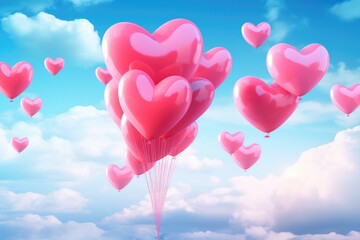 Heart shaped balloons flying in the blue sky. 3D Rendering, A cluster of vivid love heart balloons floating in sky, AI Generated