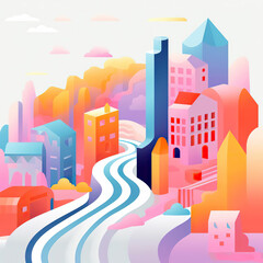 A Colorful Journey: Vibrant Cityscape with Pastel Hues