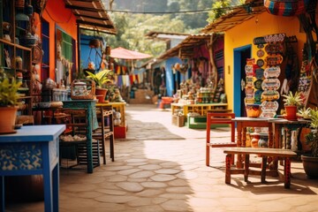 Colorful souvenir shop on the street in Guatape, Colombia, A colorful artisan marketplace in a South American town, AI Generated - obrazy, fototapety, plakaty