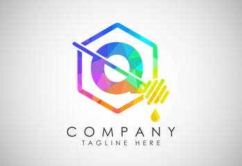 Low poly alphabet with honeycomb bees logo design. Honey logo font emblem vector illustration