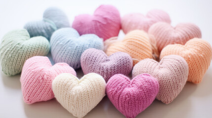 Fototapeta premium Knitted hearts in pastel colors