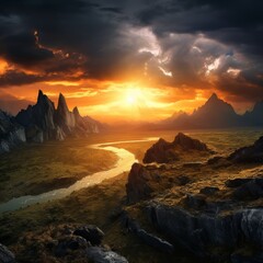 Fototapeta premium Epic landscape panorama. Views of the majestic landscape in a dramatic moment during sunrise