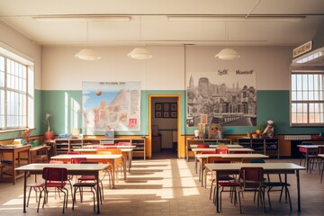 Interior of a school classroom with empty desks and chairs. Nobody inside, A comparison of past and present classroom environments, AI Generated - Powered by Adobe