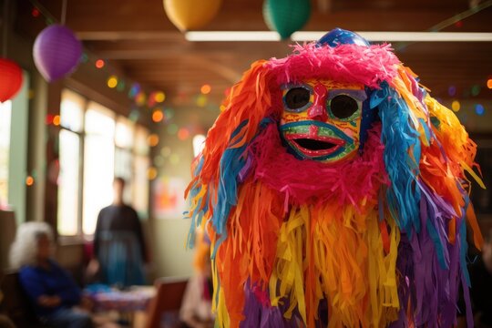 Colorful carnival mask on the background of a cafe with people, A colorful pi&ntilde;ata at a children&rsquo;s party with blindfolded child ready to swing, AI Generated
