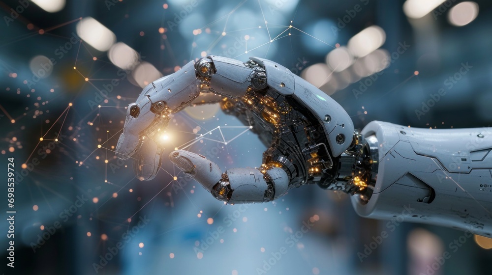 Poster close-up of android robot's hand controlled by ai electronic impulses in futuristic science lab. art