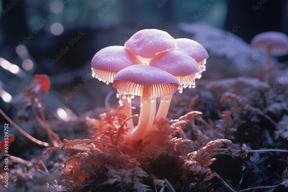 Poster an elegant portrayal of a luminescent mushroom, exuding sophistication and charm in its soft, radian