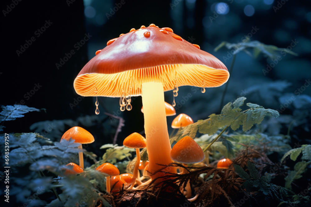 Poster an elegant portrayal of a luminescent mushroom, exuding sophistication and charm in its soft, radian