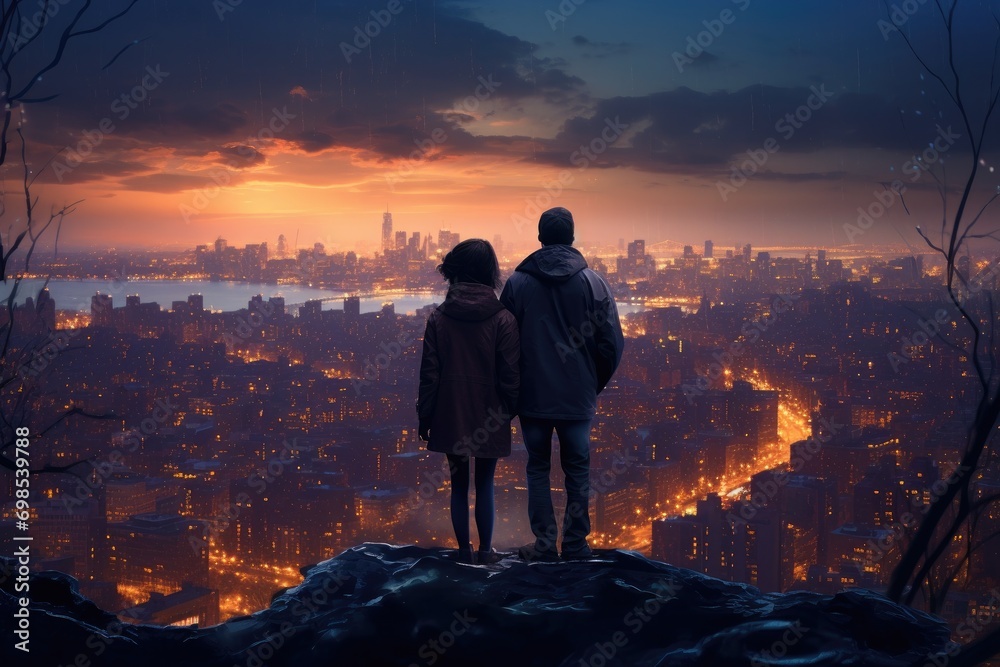 Poster Silhouette of couple standing on the edge of a cliff looking at the city, A couple admiring the city skyline from a hilltop, wrapped in each other's warmth, AI Generated