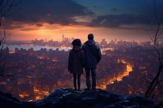 Silhouette of couple standing on the edge of a cliff looking at the city, A couple admiring the city skyline from a hilltop, wrapped in each other's warmth, AI Generated