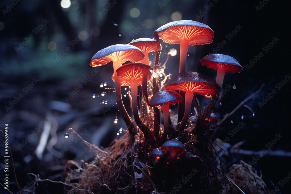 Poster An abstract representation of a luminous fungus within a dark ecosystem, emphasizing the contrast between light and shadow.